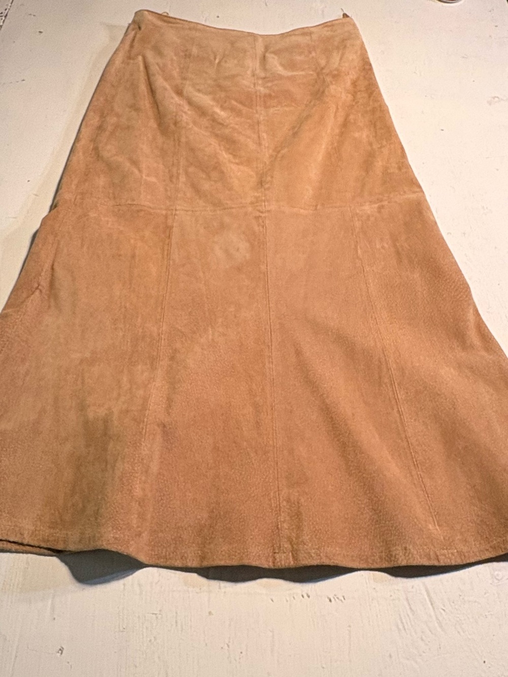 Vintage AMI Tan Suede Midi Flared A Line Panel Leather Skirt 90s Western size 10